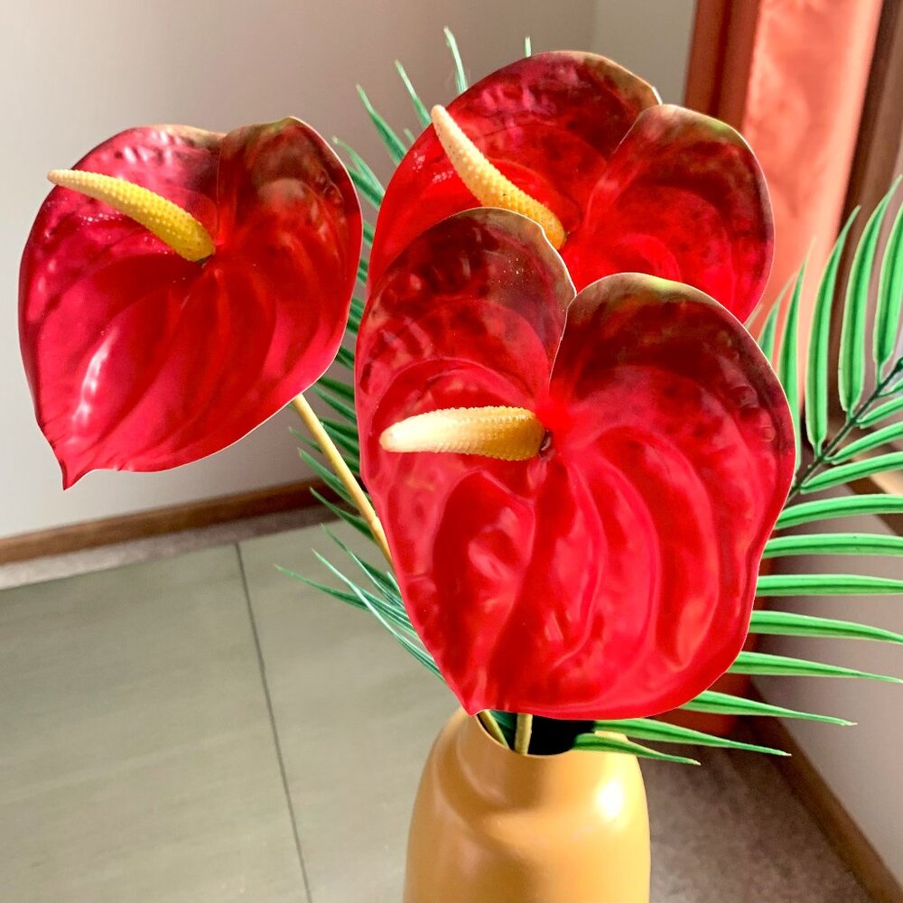 Gorgeous 3 Stems 22.5" Artificial Faux Multicolor Variegated Anthurium Flowers - Picture 3 of 7